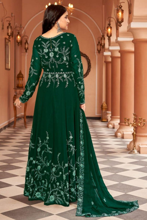 Beautiful Designer Bottle Green Faux Georgette Anarkali Suit