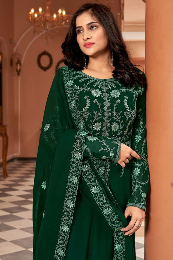 Beautiful Designer Bottle Green Faux Georgette Anarkali Suit