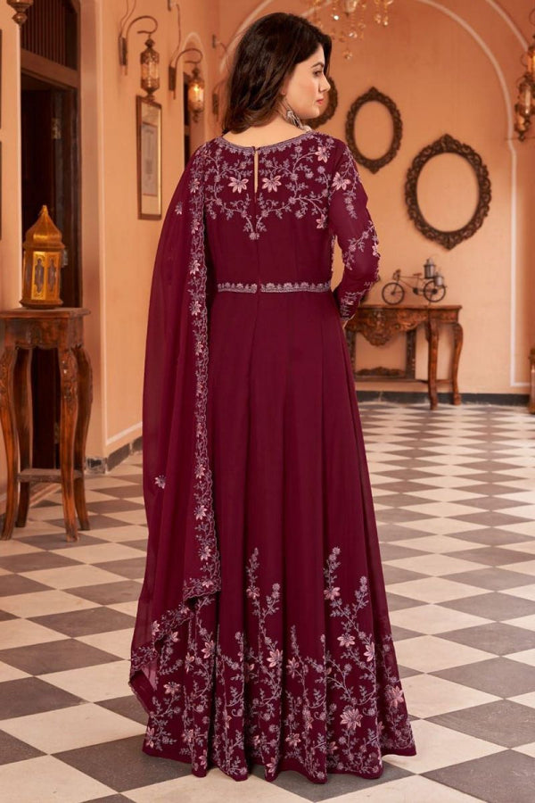 Beautiful Designer Maroon Faux Georgette Anarkali Suit