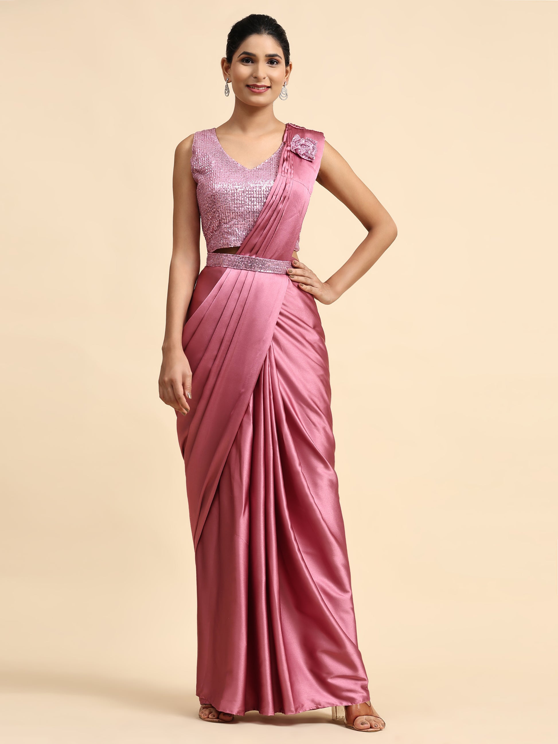 Pink Colour One Minute Ready To Wear Saree