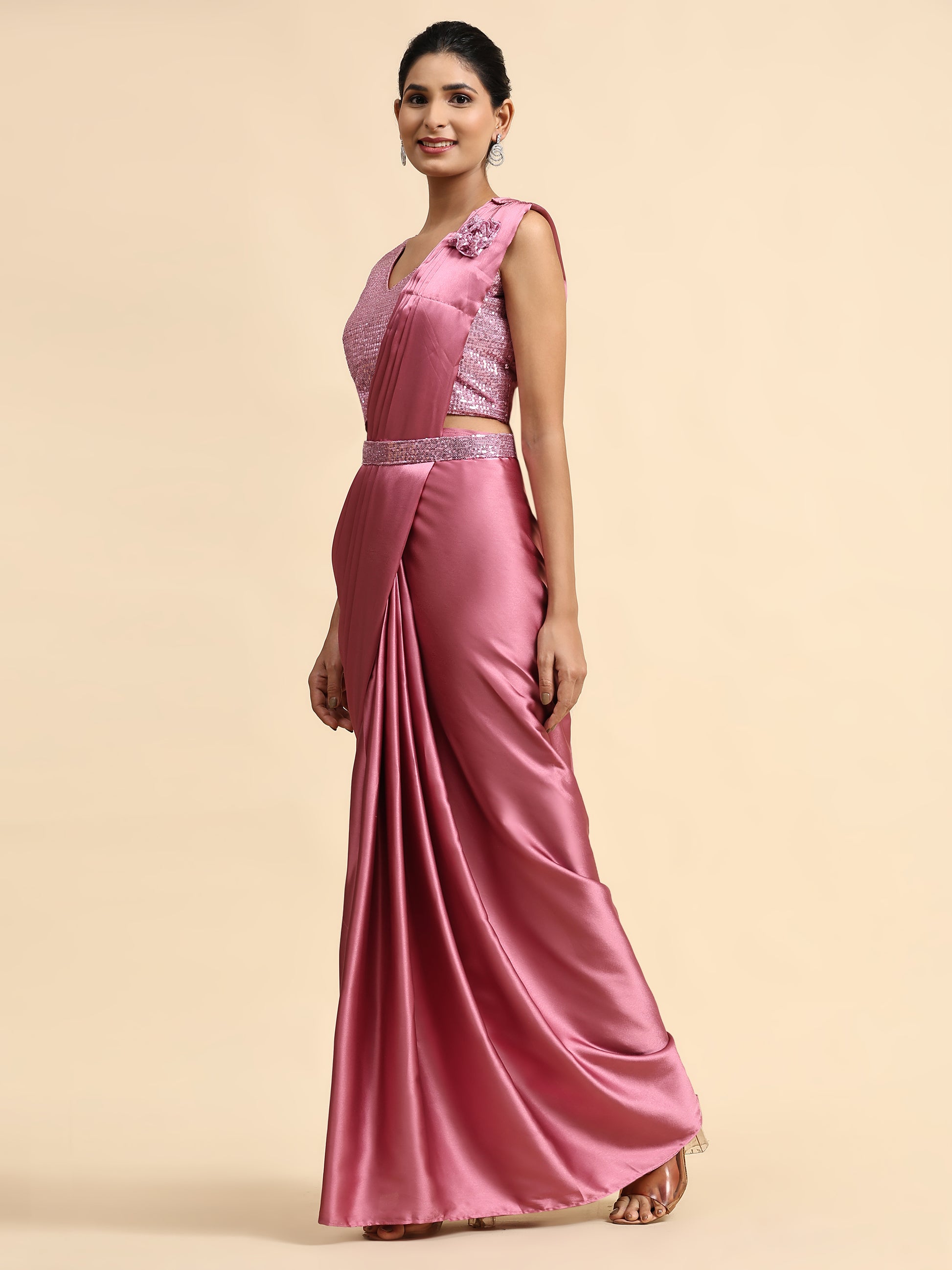 Pink Colour One Minute Ready To Wear Saree