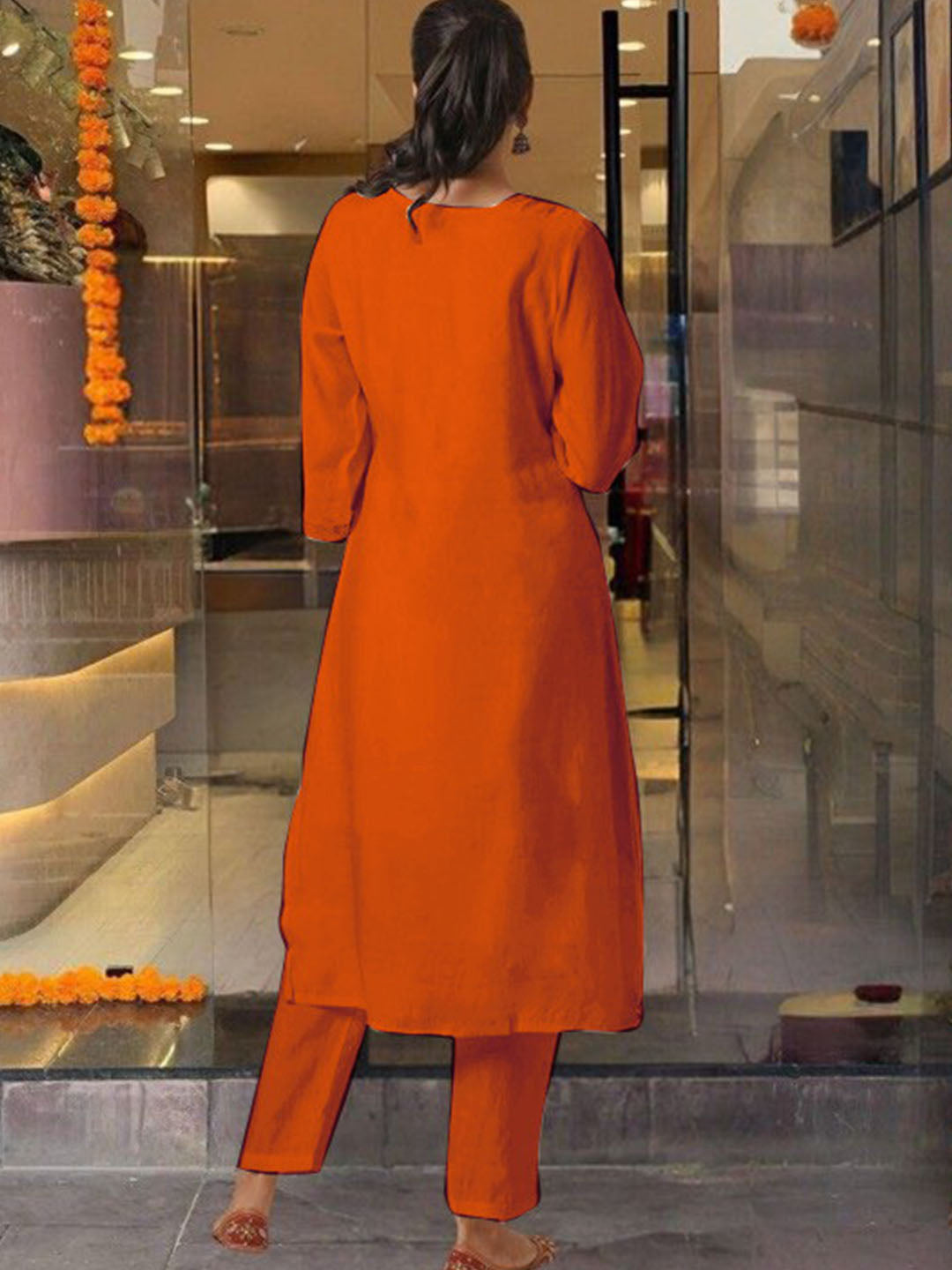 Orange Viscose Chanderi Kurti Set
