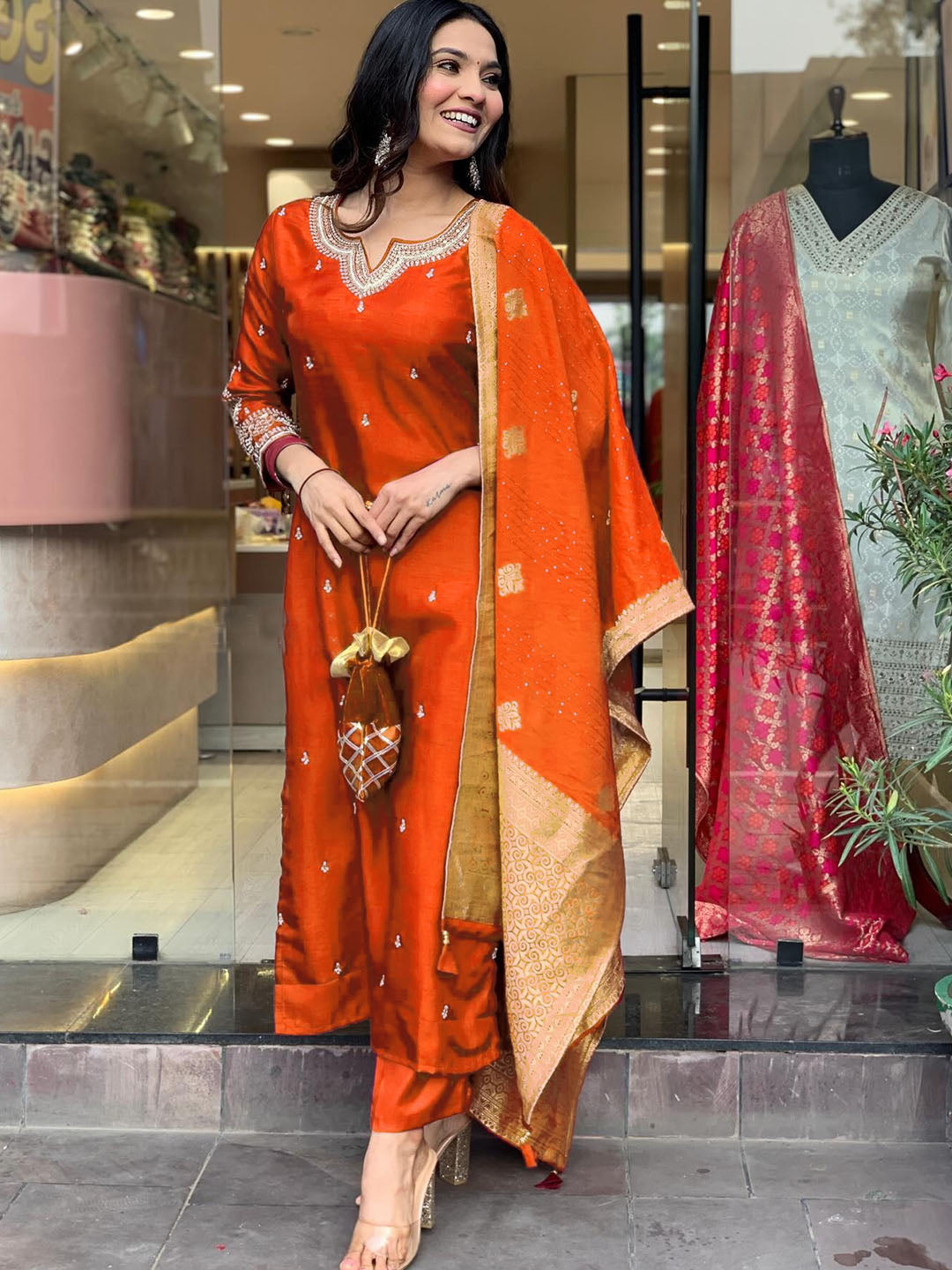 Orange Viscose Chanderi Kurti Set