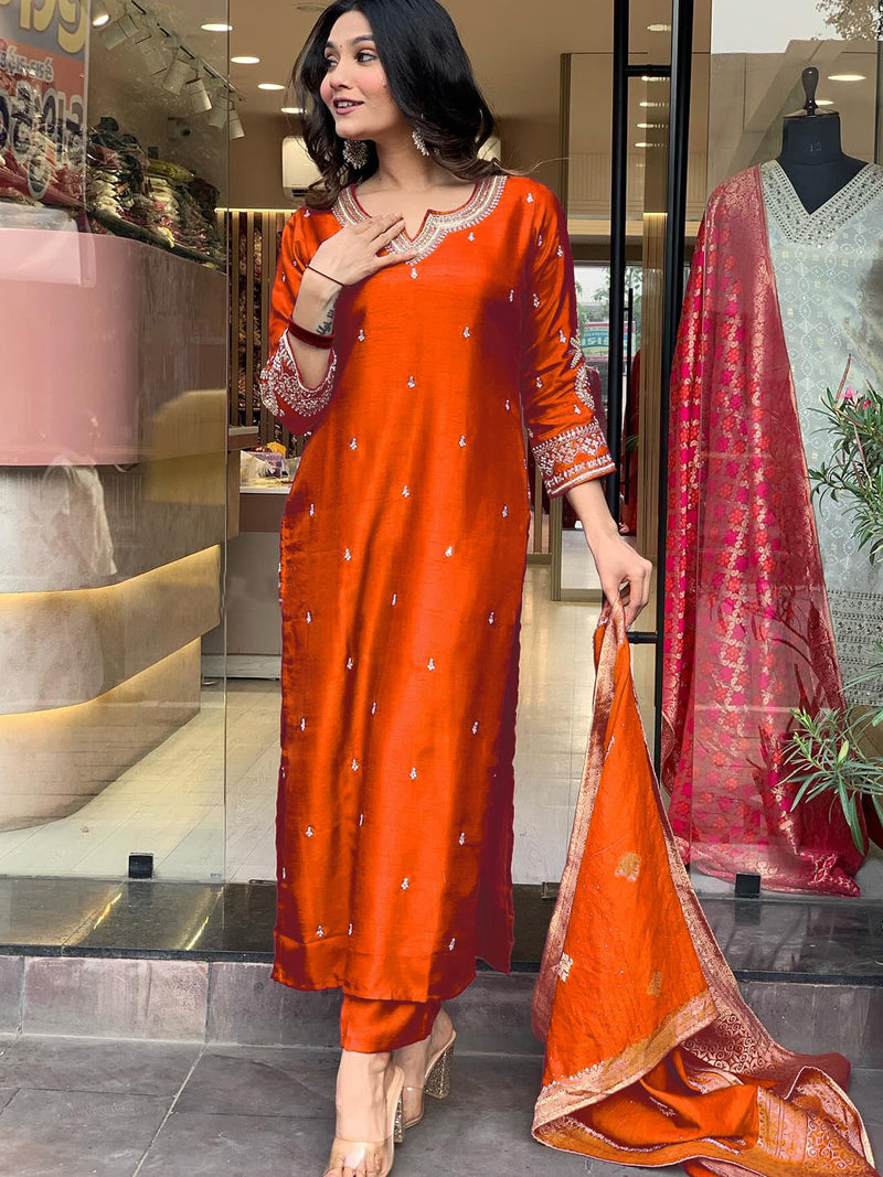 Orange Viscose Chanderi Kurti Set