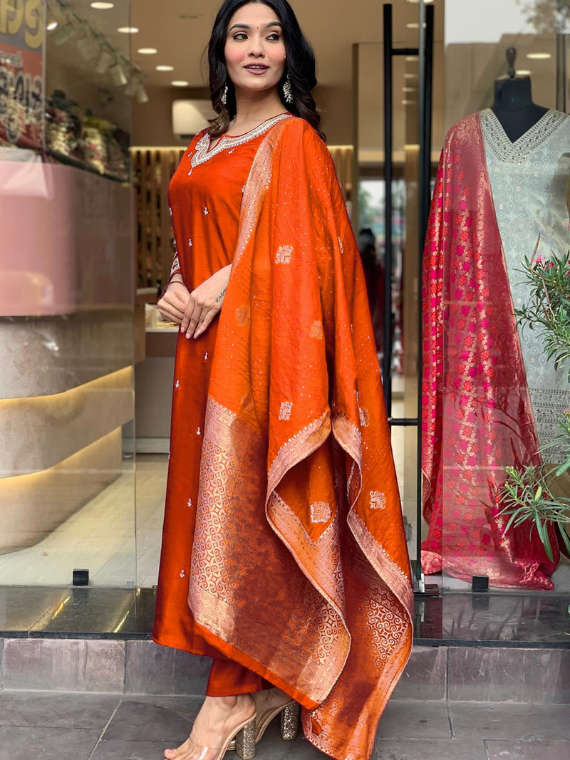 Orange Viscose Chanderi Kurti Set
