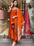 Orange Viscose Chanderi Kurti Set