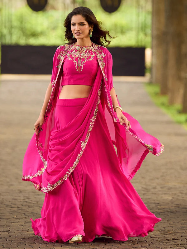 Pink Indo-Western Embroidered Jacket Style Lehenga Set