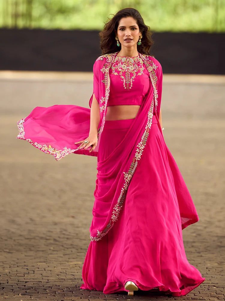 Pink Indo-Western Embroidered Jacket Style Lehenga Set