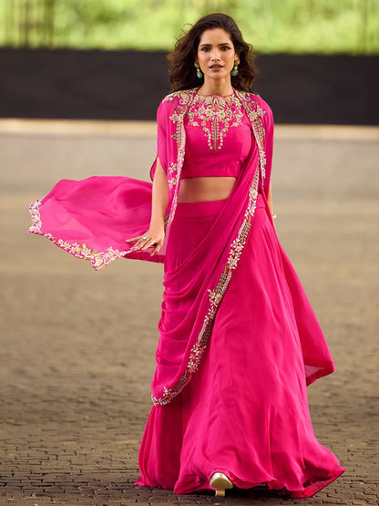 Pink Indo-Western Embroidered Jacket Style Lehenga Set