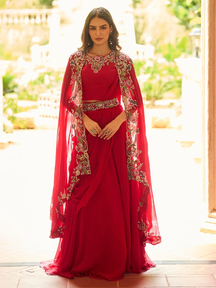 Red Indo-Western Embroidered Jacket Style Lehenga Set