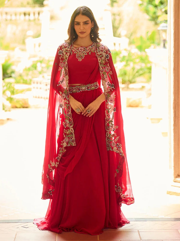 Red Indo-Western Embroidered Jacket Style Lehenga Set