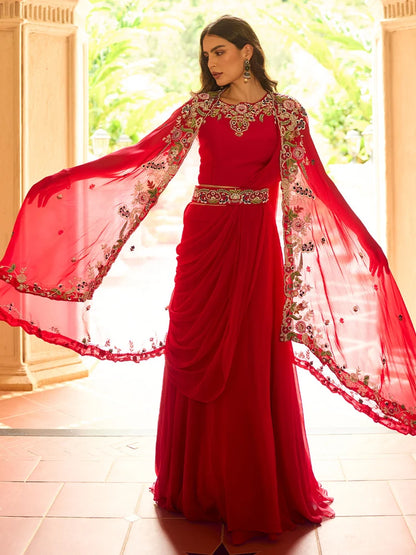 Red Indo-Western Embroidered Jacket Style Lehenga Set