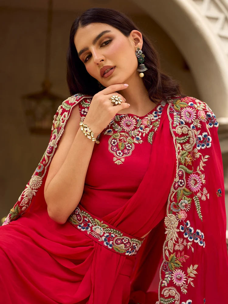 Red Indo-Western Embroidered Jacket Style Lehenga Set