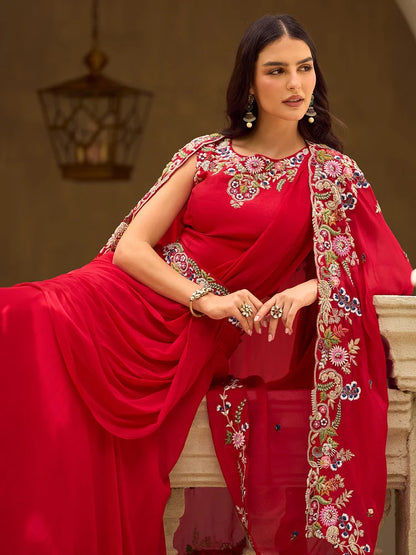 Red Indo-Western Embroidered Jacket Style Lehenga Set