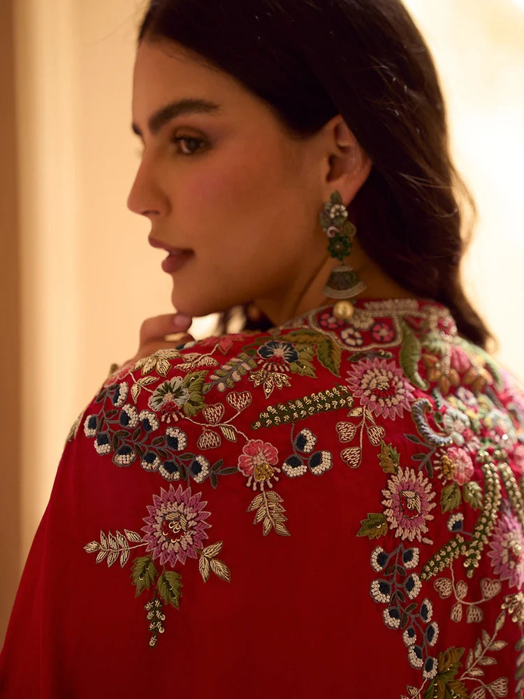 Red Indo-Western Embroidered Jacket Style Lehenga Set