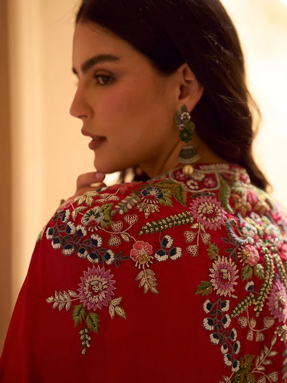 Red Indo-Western Embroidered Jacket Style Lehenga Set