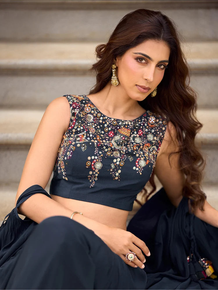 Navy Blue Indo-Western Embroidered Jacket Style Lehenga Set
