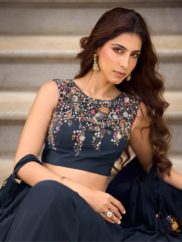 Navy Blue Indo-Western Embroidered Jacket Style Lehenga Set