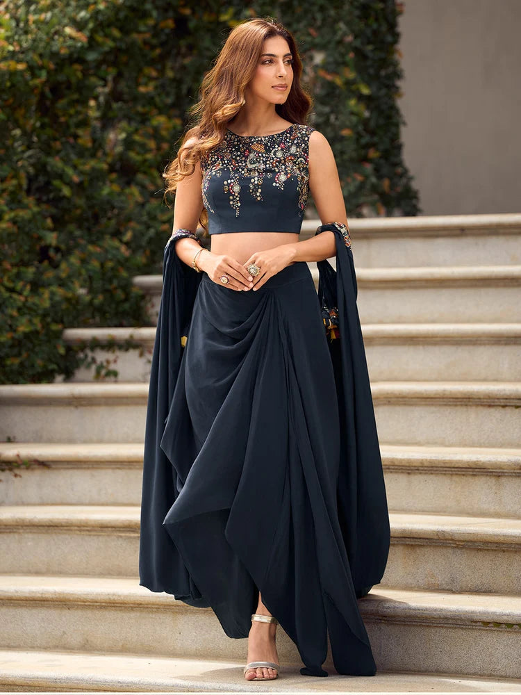 Navy Blue Indo-Western Embroidered Jacket Style Lehenga Set
