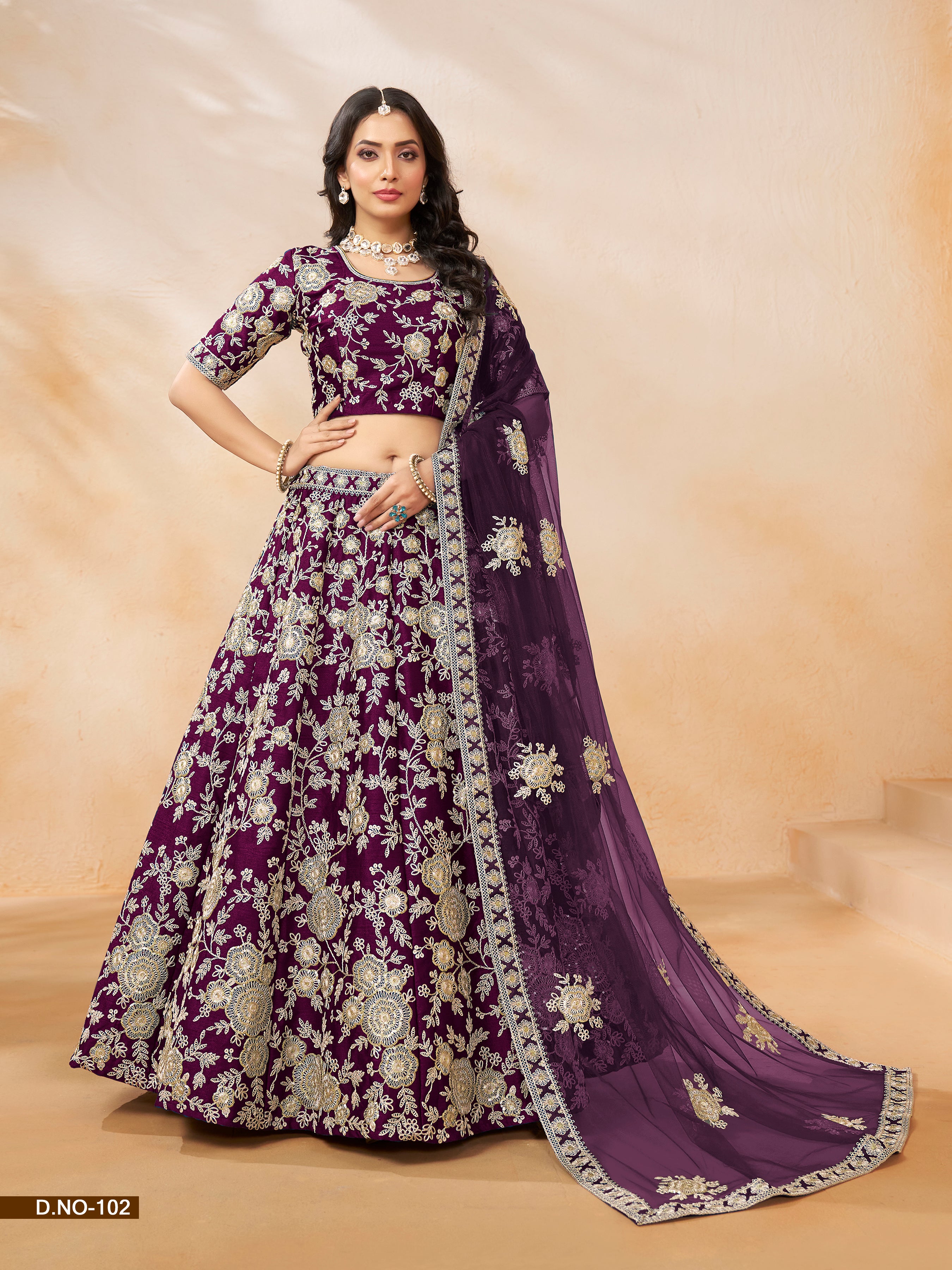 Purple Pure Soft Art Silk Heavy Embroidery Work Bridal Lehenga 