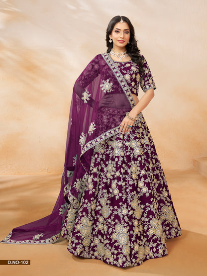 Purple Pure Soft Art Silk Heavy Embroidery Work Bridal Lehenga 