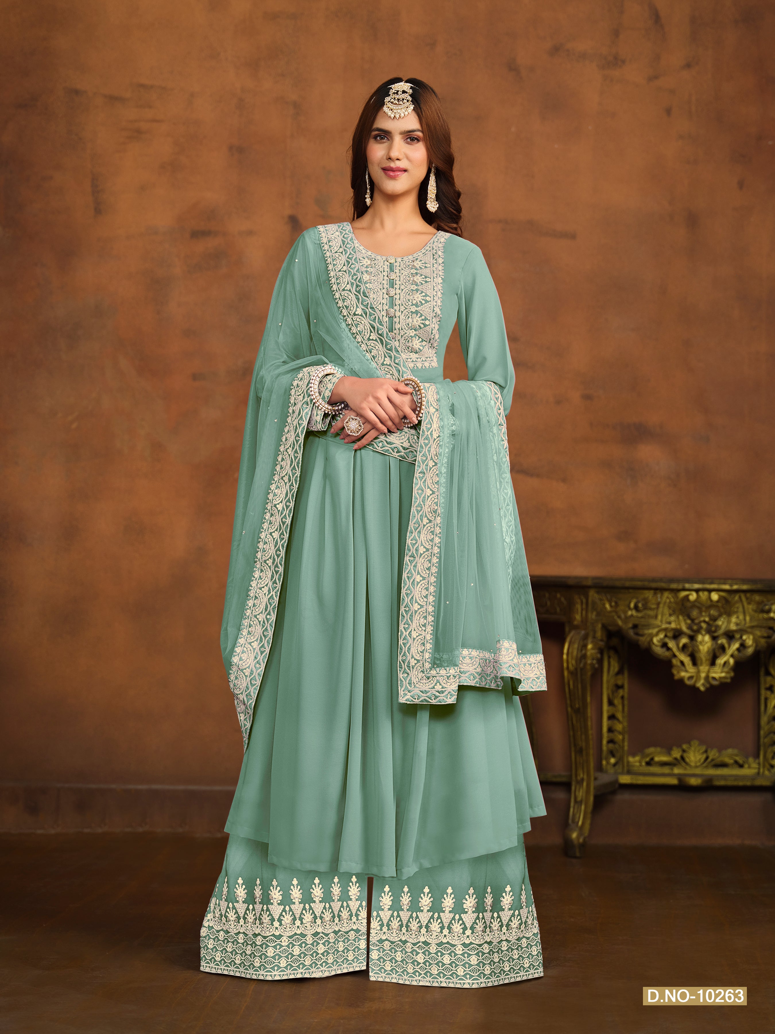 Sea Green Pure Faux Georgette Heavy Embroidered Palazzo Suit