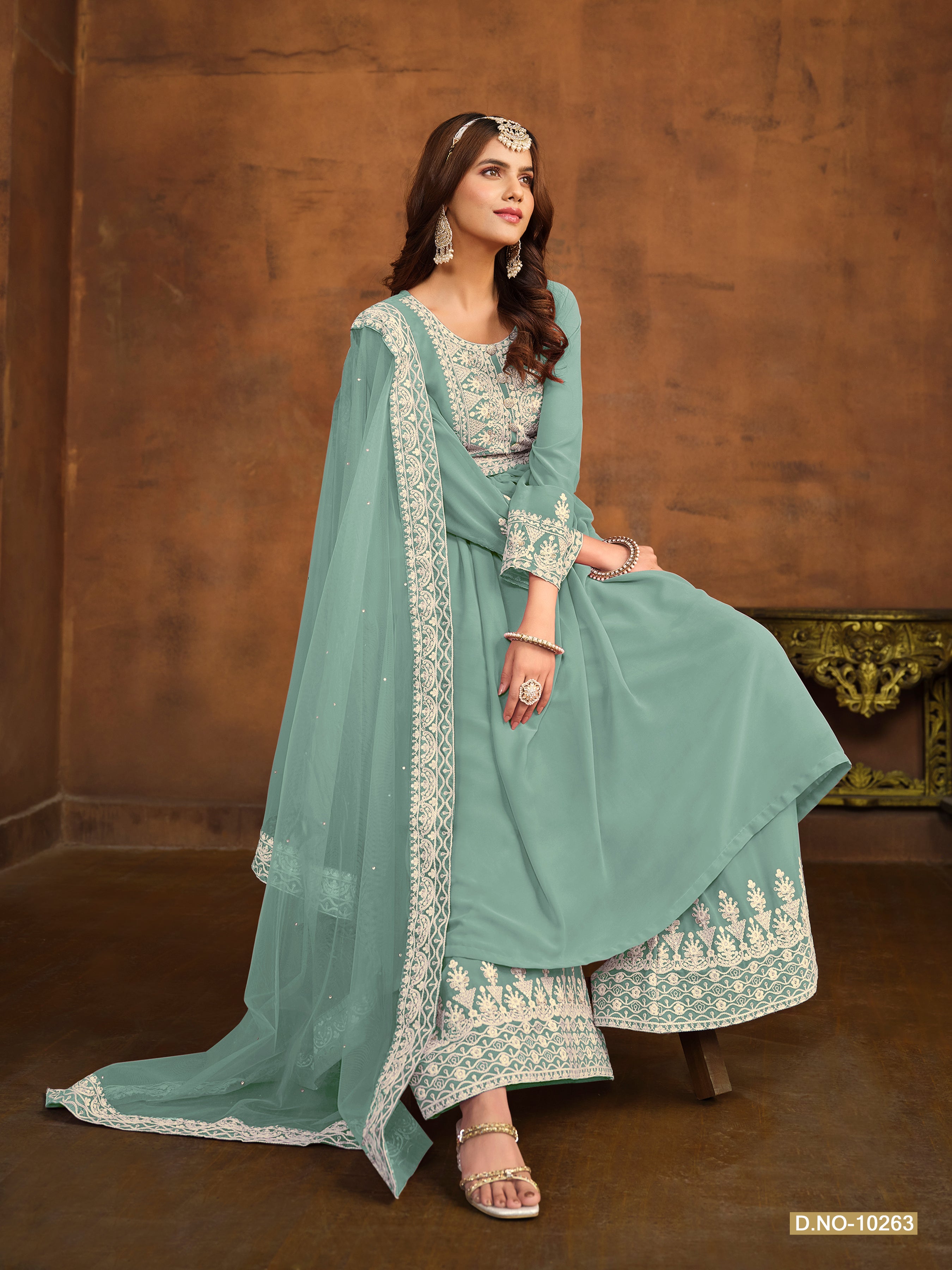 Sea Green Pure Faux Georgette Heavy Embroidered Palazzo Suit