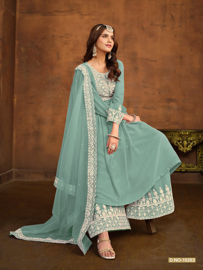 Sea Green Pure Faux Georgette Heavy Embroidered Palazzo Suit