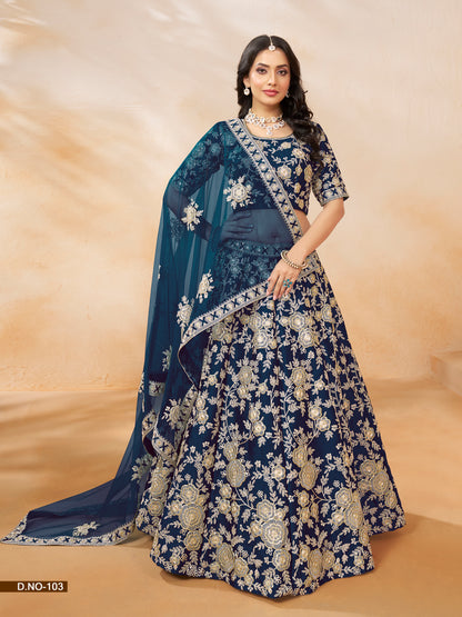 Blue Pure Soft Art Silk Heavy Embroidery Work Bridal Lehenga 