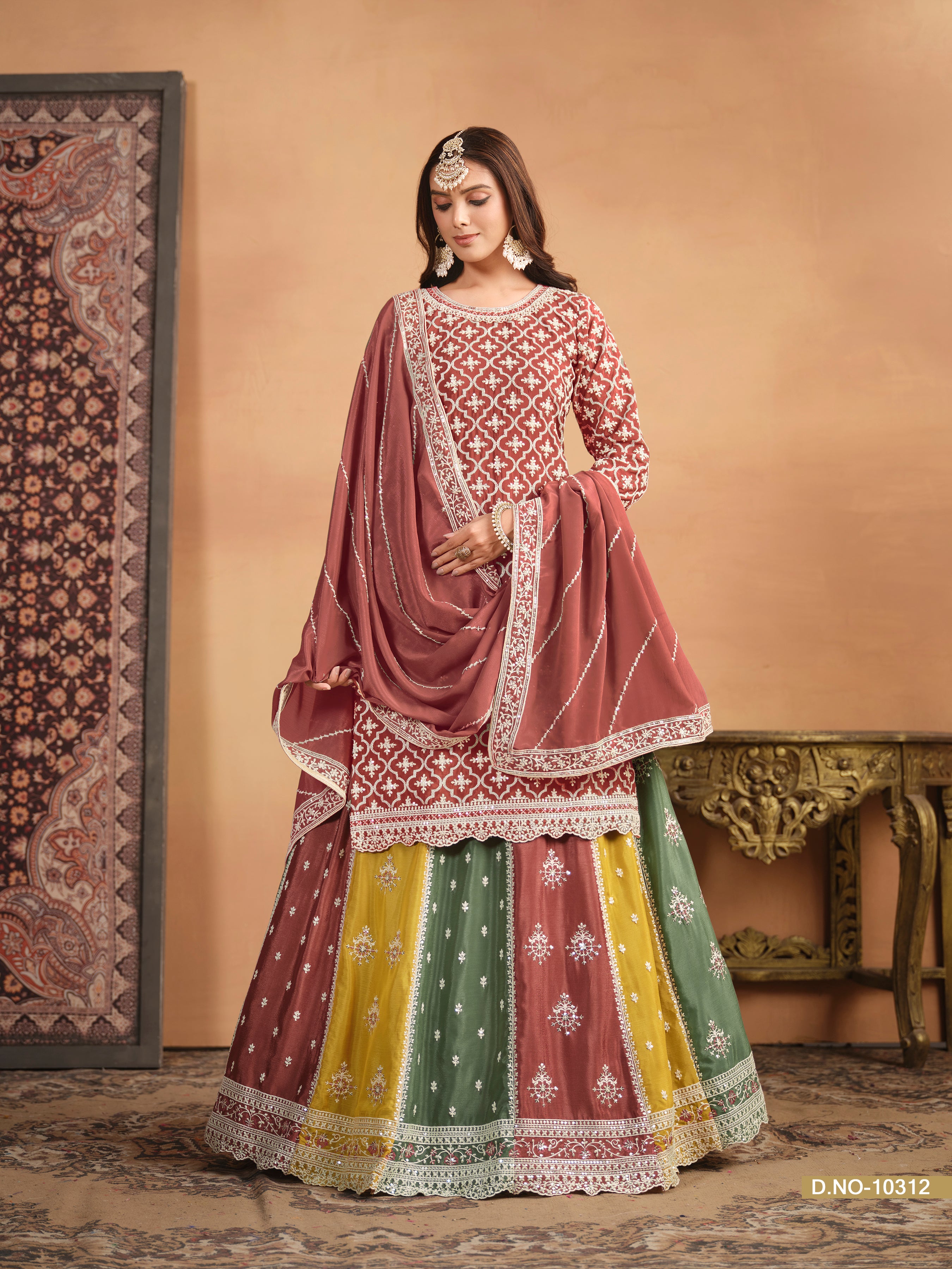 Red &amp; Multicolour Designer Heavy Chinnon Silk With Embroidered Work Lehenga Choli