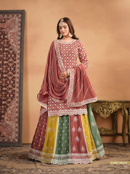 Red &amp; Multicolour Designer Heavy Chinnon Silk With Embroidered Work Lehenga Choli