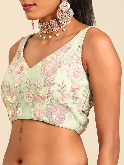 Lime Green Net Floral Sequins with Heavy Zarkan Embroidery Lehenga Choli &amp; Dupatta
