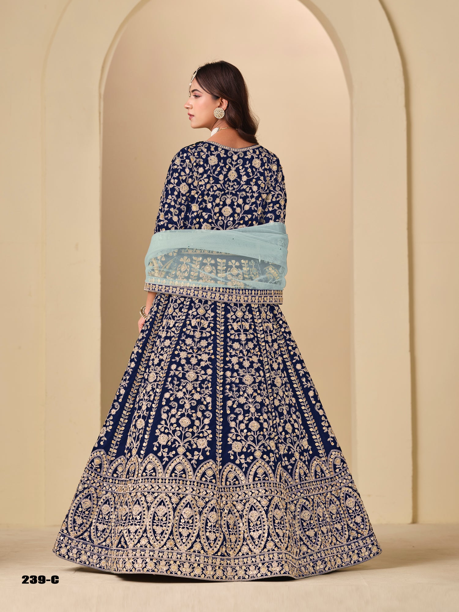 Blue Pure Soft 9000 Velvet Heavy Embroidery Work Long Anarkali Gown 