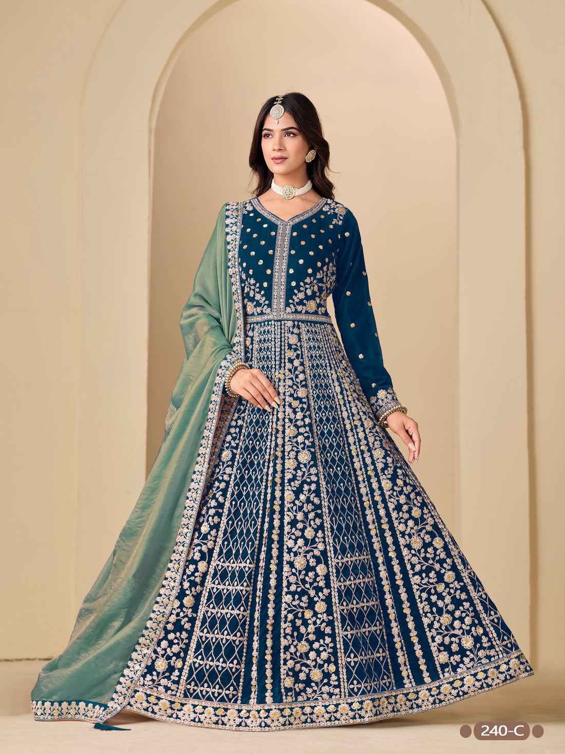 Blue Pure Soft 9000 Velvet Heavy Embroidery Work Long Anarkali Gown 
