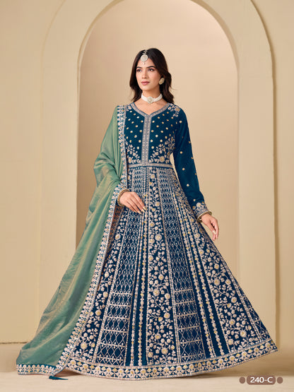 Blue Pure Soft 9000 Velvet Heavy Embroidery Work Long Anarkali Gown 