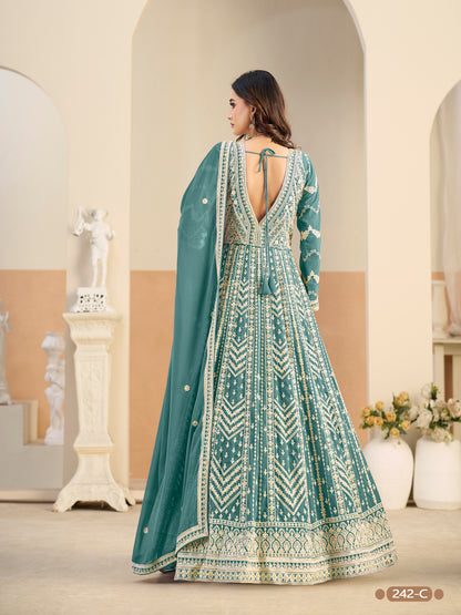 Pastle Teal Pure Soft Faux Georgette Heavy Embroidery Work Long Anarkali Gown 