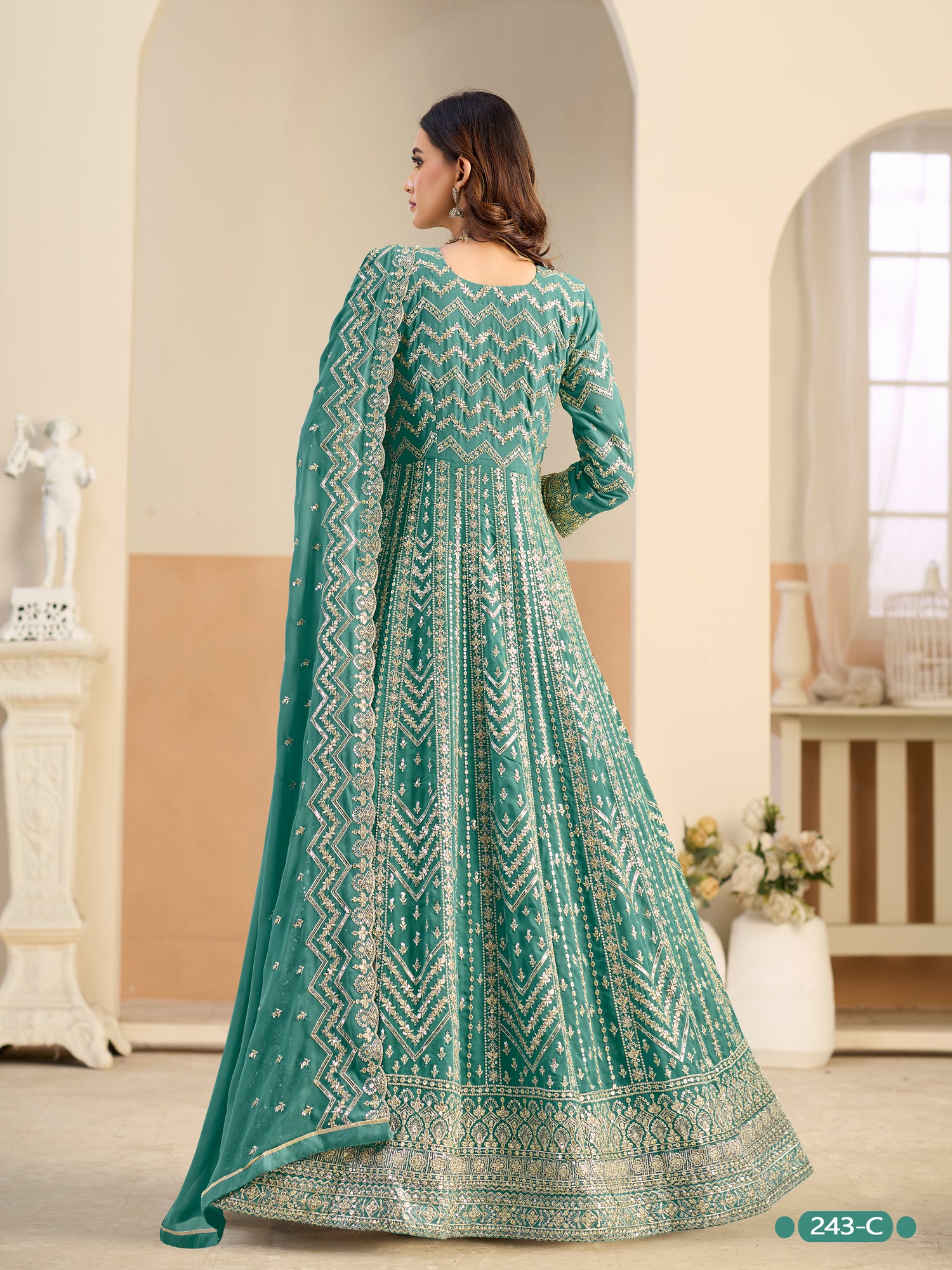 Pastle Teal Pure Soft Faux Georgette Heavy Embroidery Work Long Anarkali Gown 
