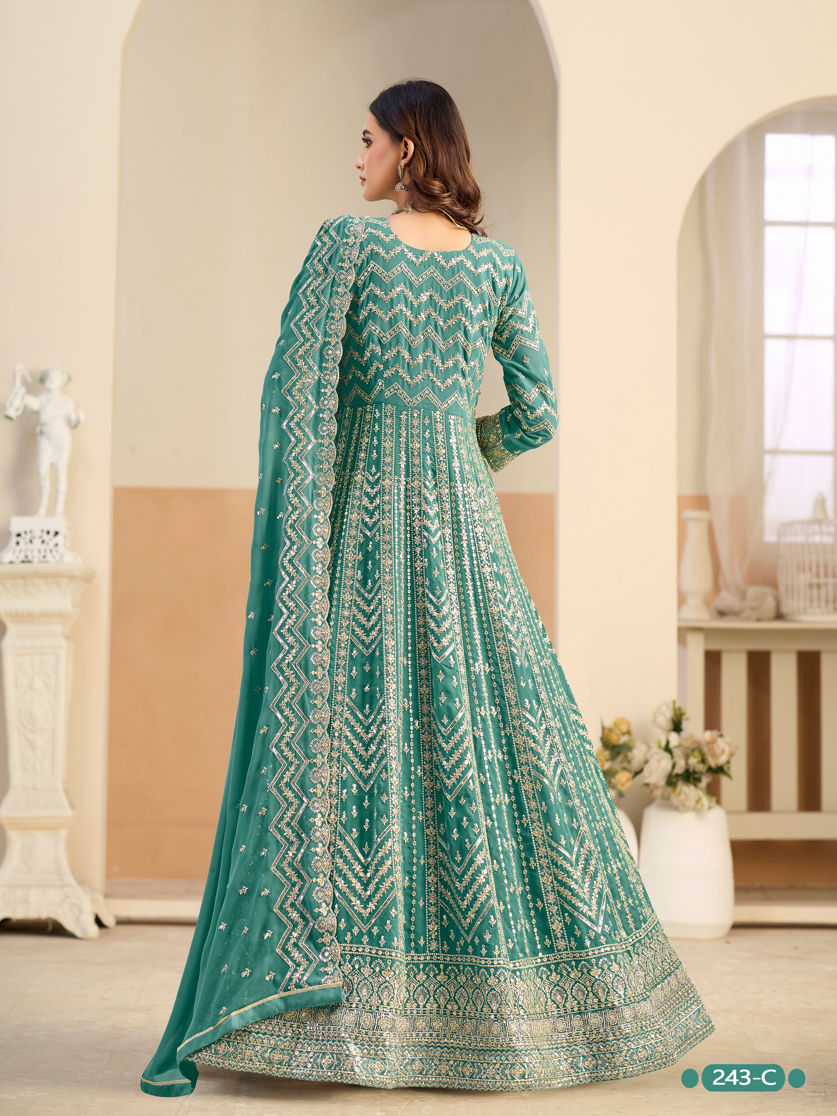 Pastle Teal Pure Soft Faux Georgette Heavy Embroidery Work Long Anarkali Gown 
