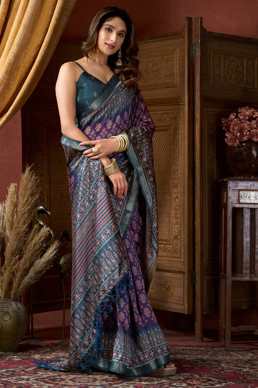Purple Pure Cluster Silk Ajarkh Digital Printed Saree ##color## Floral Printed Saree with premium fabric and embroidery