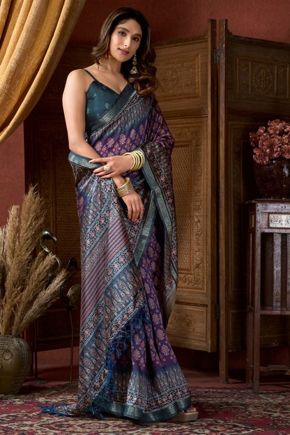Purple Pure Cluster Silk Ajarkh Digital Printed Saree 