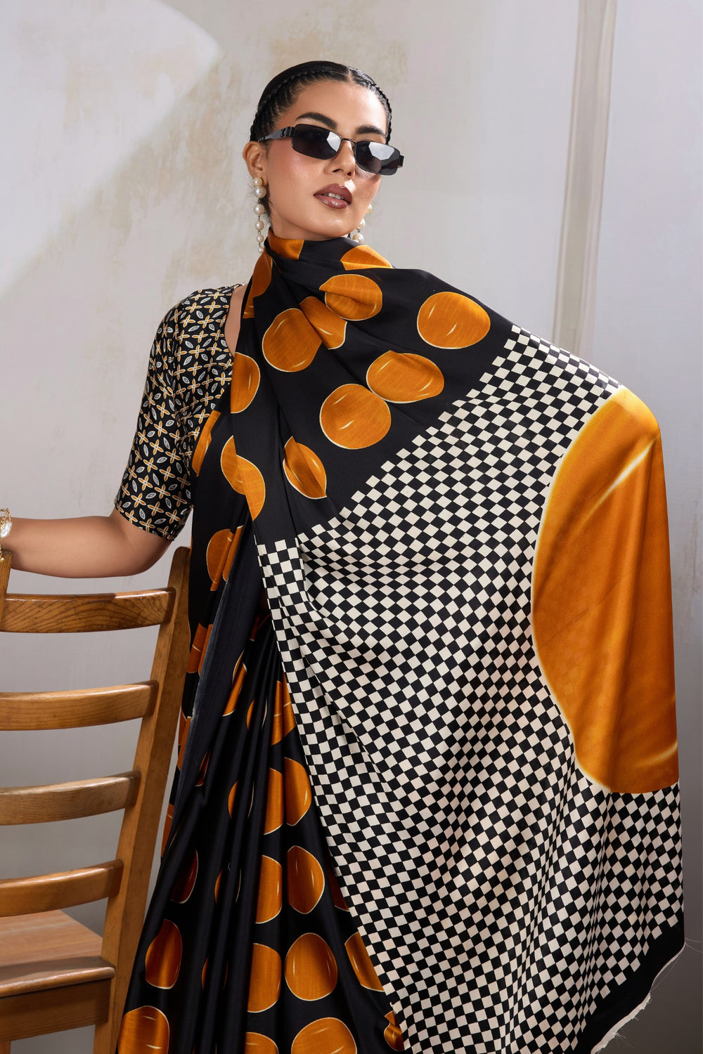 Orange Printed Polka Dots Satin Crepe Saree 