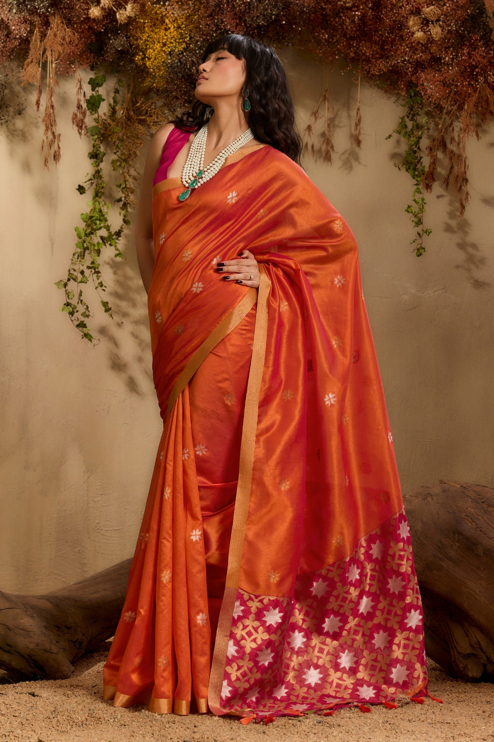 Orange Pure Tussar Handloom Silk Saree 