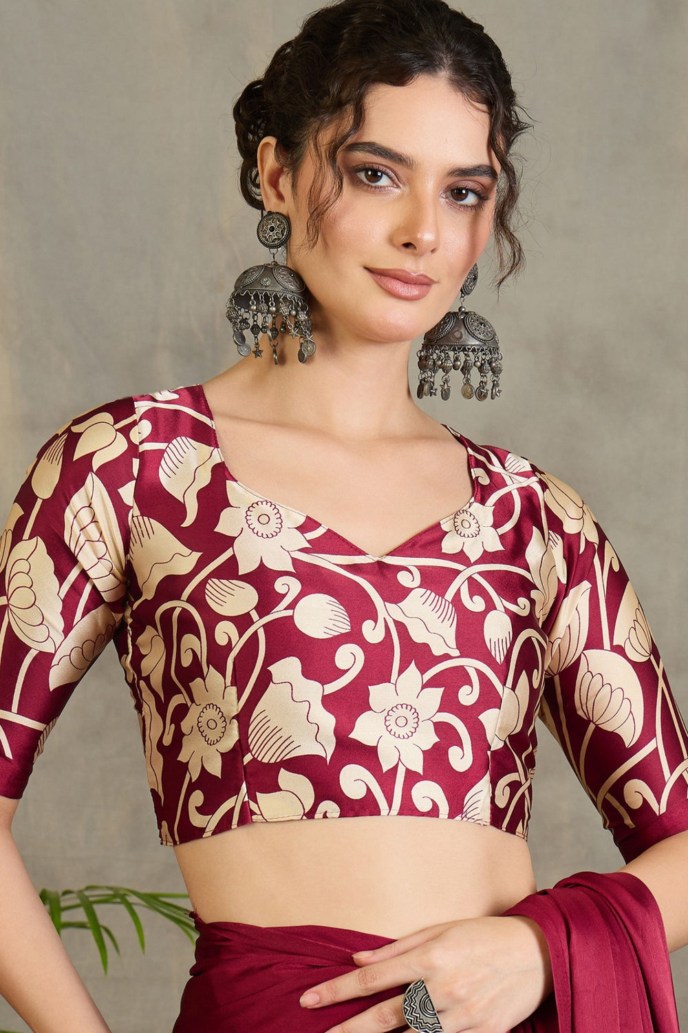 Maroon Kalamkari Printed Satin Silk Saree ##color## Floral Printed Saree with premium fabric and embroidery