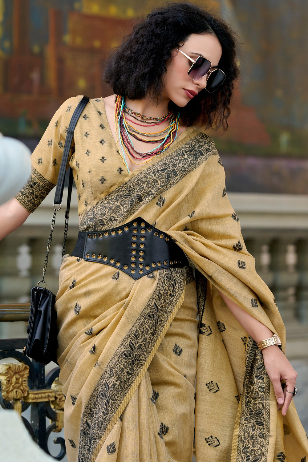 Butter Cream Pure Tussar Linen Handloom Silk With Weaving Silk Saree