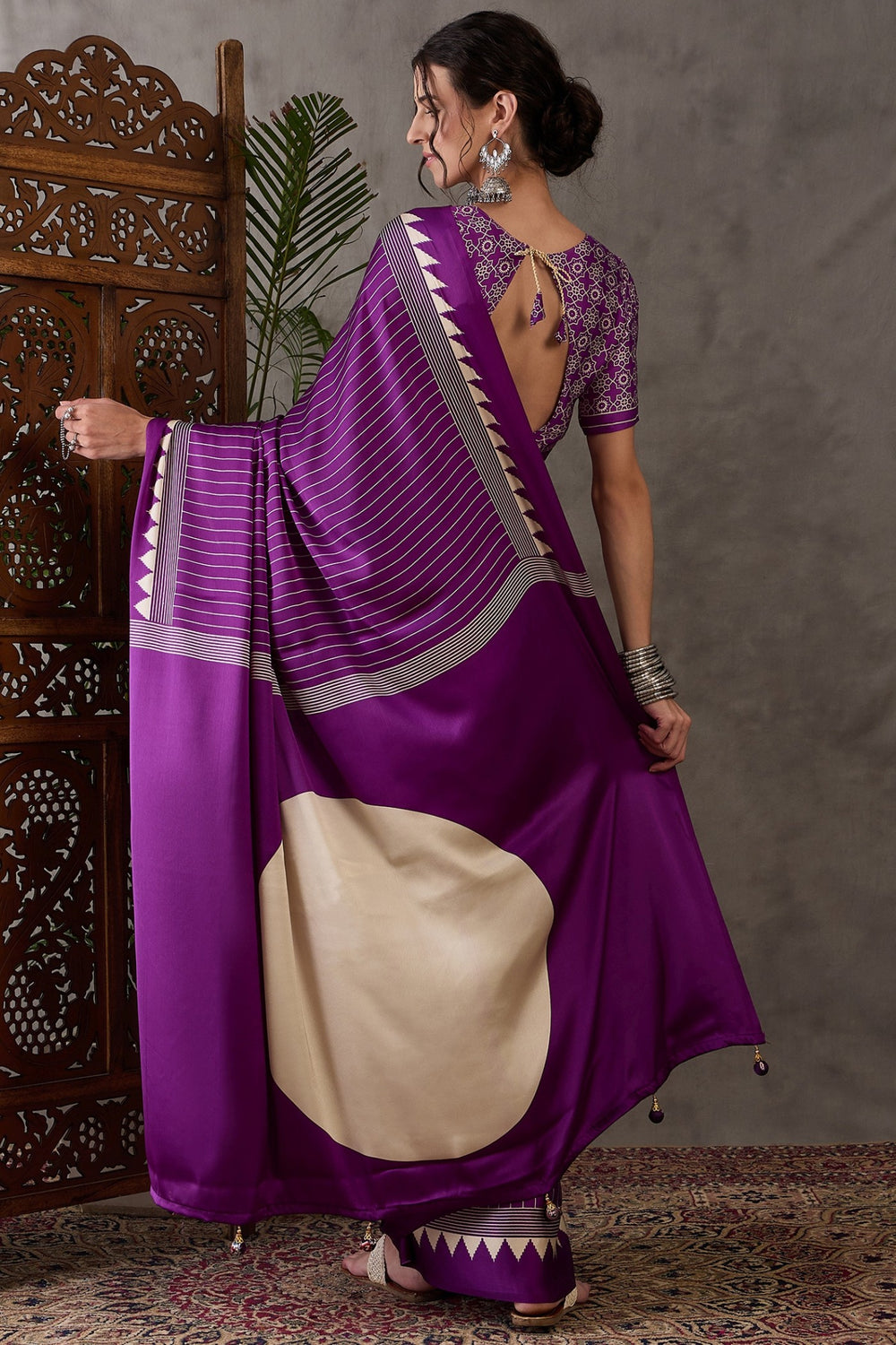 Purple Printed Satin Gaji Silk Saree ##color## Japan Satin Saree with premium fabric and embroidery