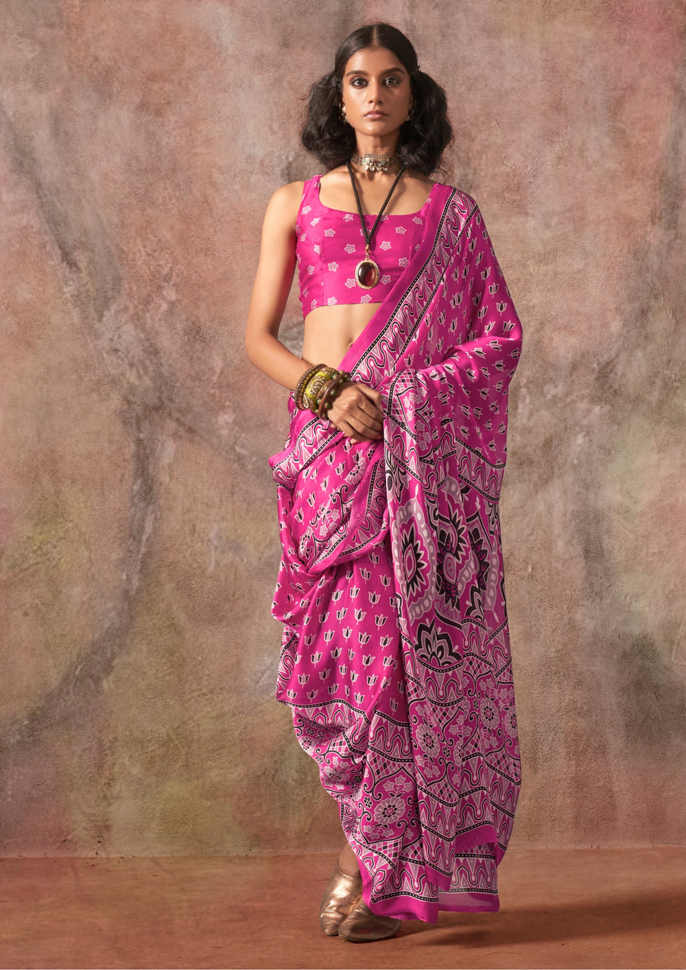 Pink Raisins Ajrakh Printed Satin Georgette Silk Saree 