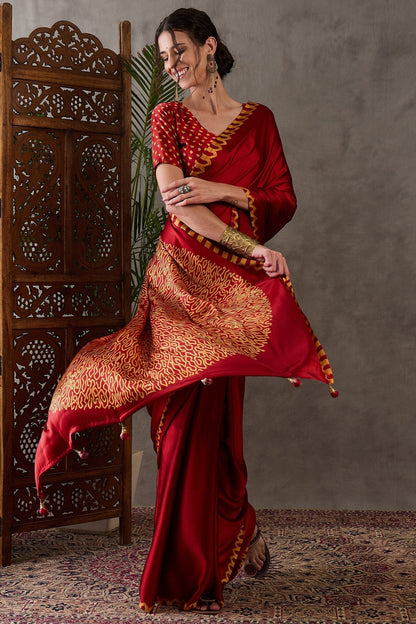 Red Pure Gaji Silk Satin Printed Saree 