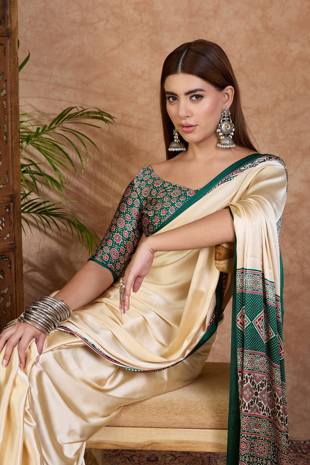 Cream and Green Pure Soft Modal Satin Ajrakh Print Satin Saree Japan Satin Saree Anant Tex Exports Pvt.Ltd..