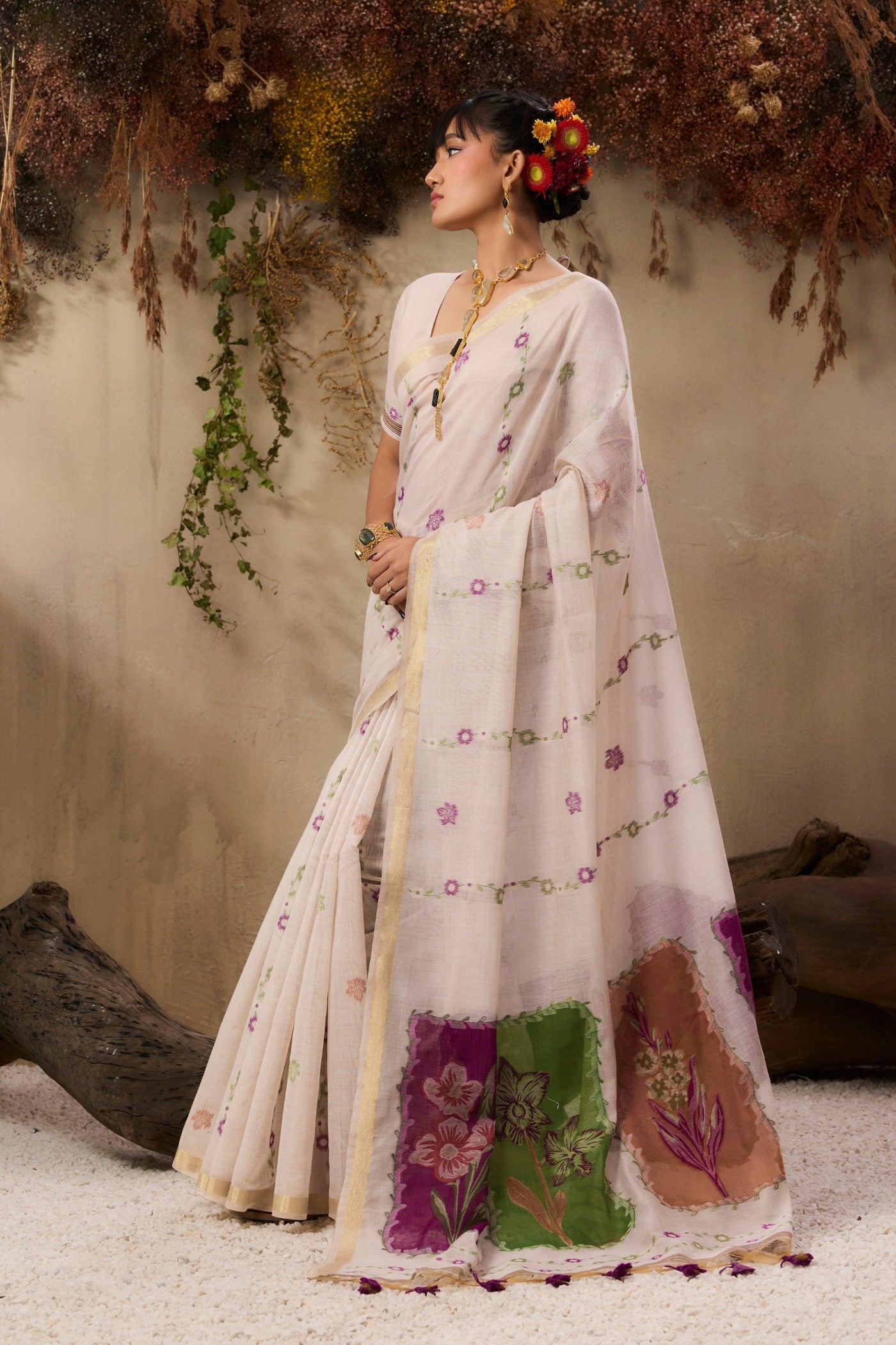 Cream Pure Soft Handloom Muga Cotton Saree 