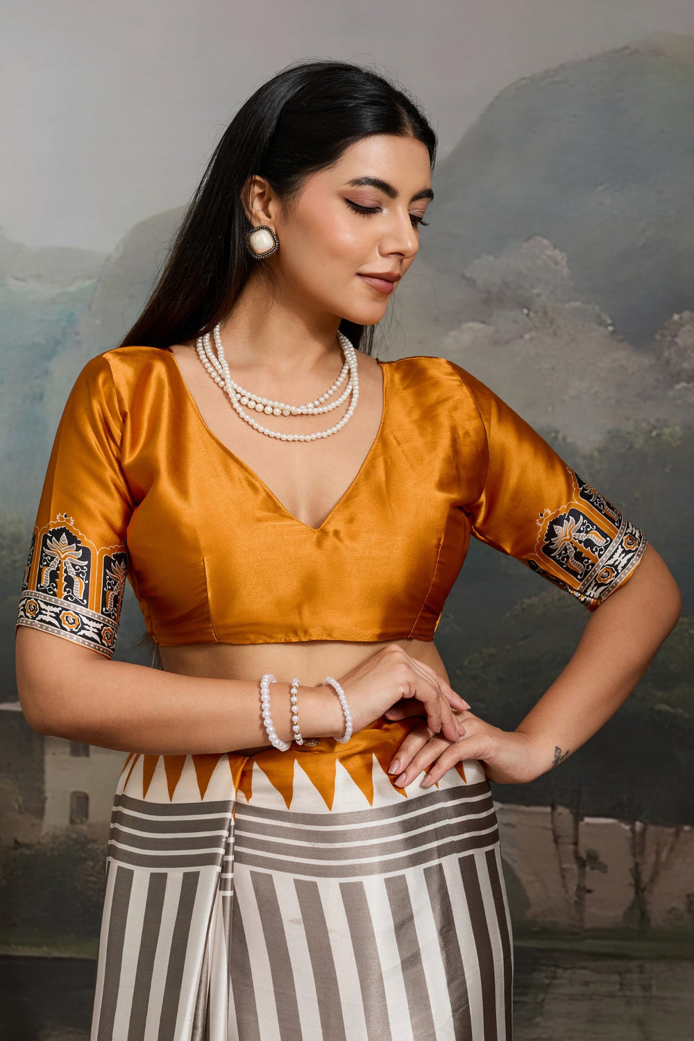 White and Yellow Pure Ajrakh Printed Satin Crepe Silk Saree ##color## Floral Printed Saree with premium fabric and embroidery